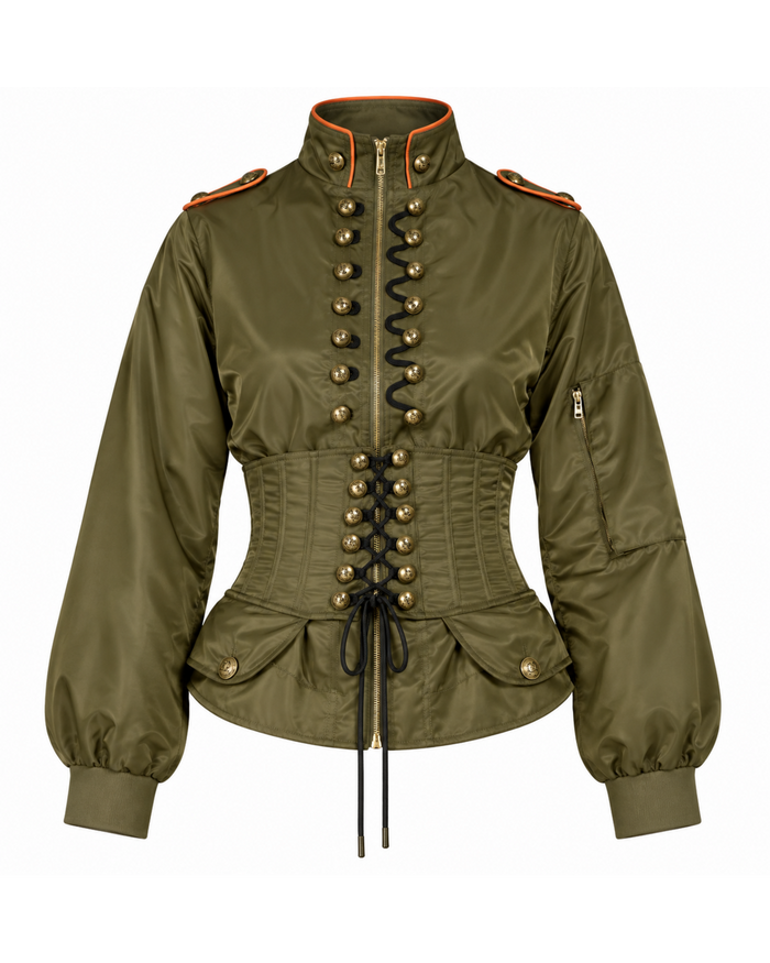 Military Nylon Corset Bomber Jacket- Khaki