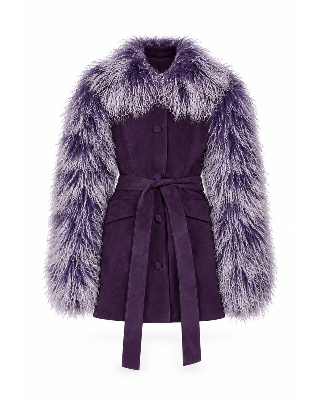 Suede Tailored Coat with Frosted Mongolian Fur Sleeves and Collar