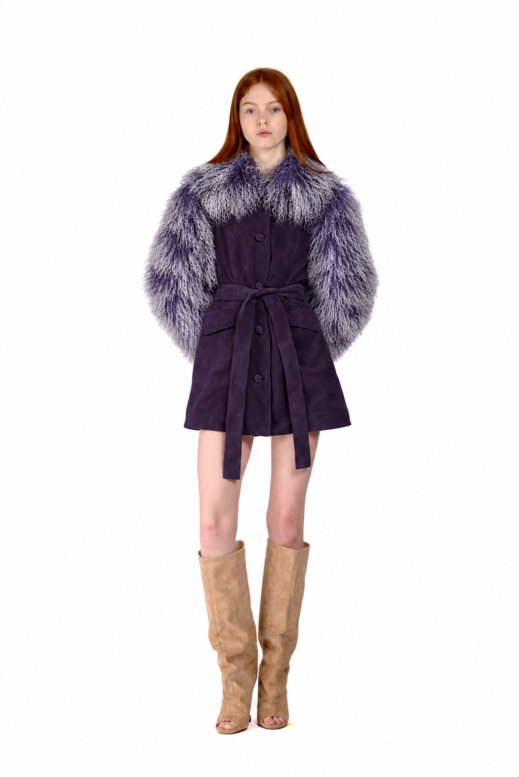 Suede Tailored Coat with Frosted Mongolian Fur Sleeves and Collar
