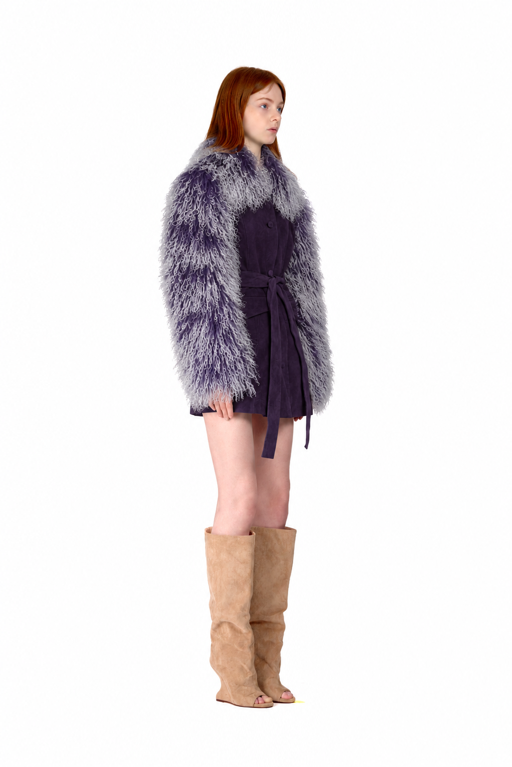 Suede Tailored Coat with Frosted Mongolian Fur Sleeves and Collar