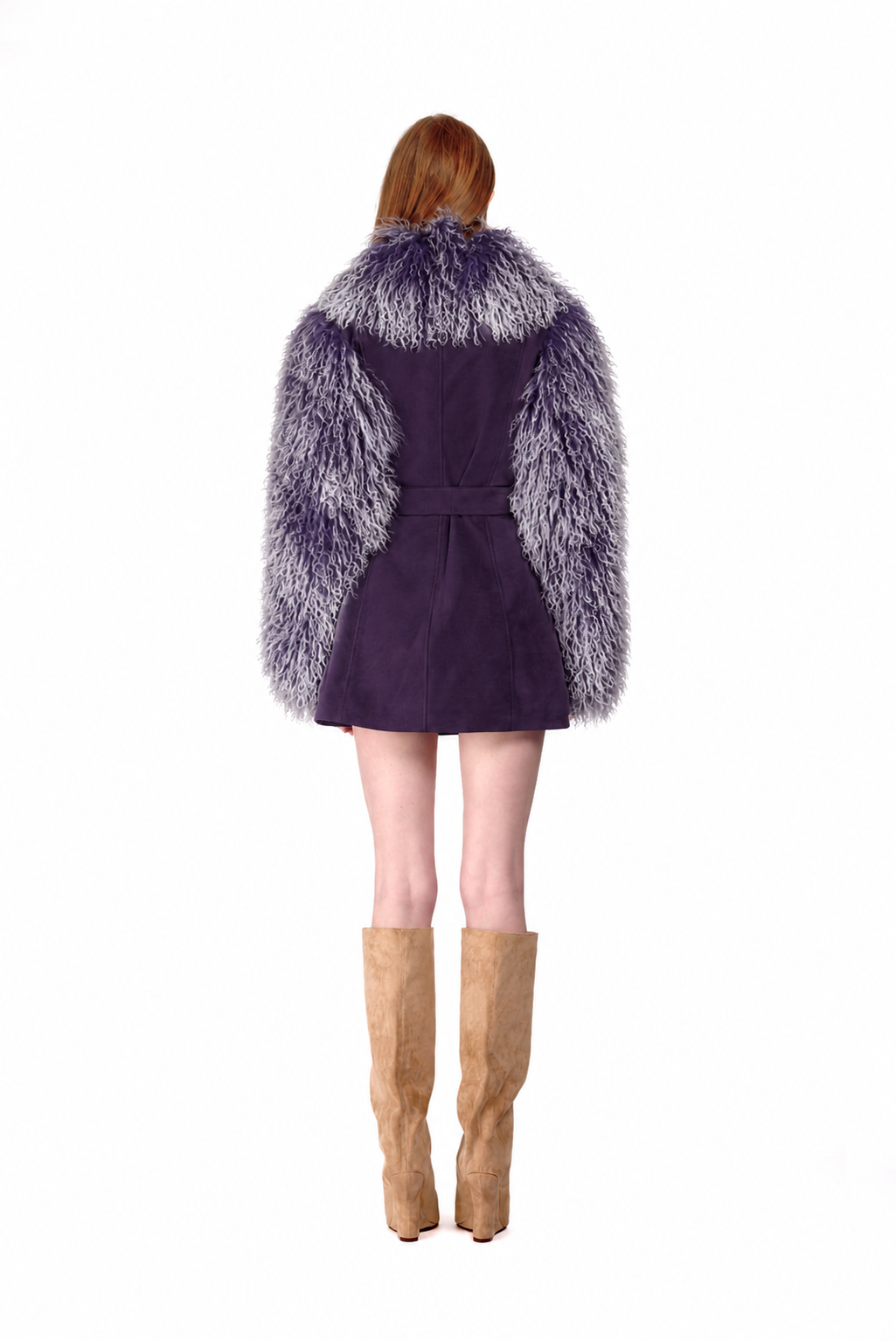 Suede Tailored Coat with Frosted Mongolian Fur Sleeves and Collar