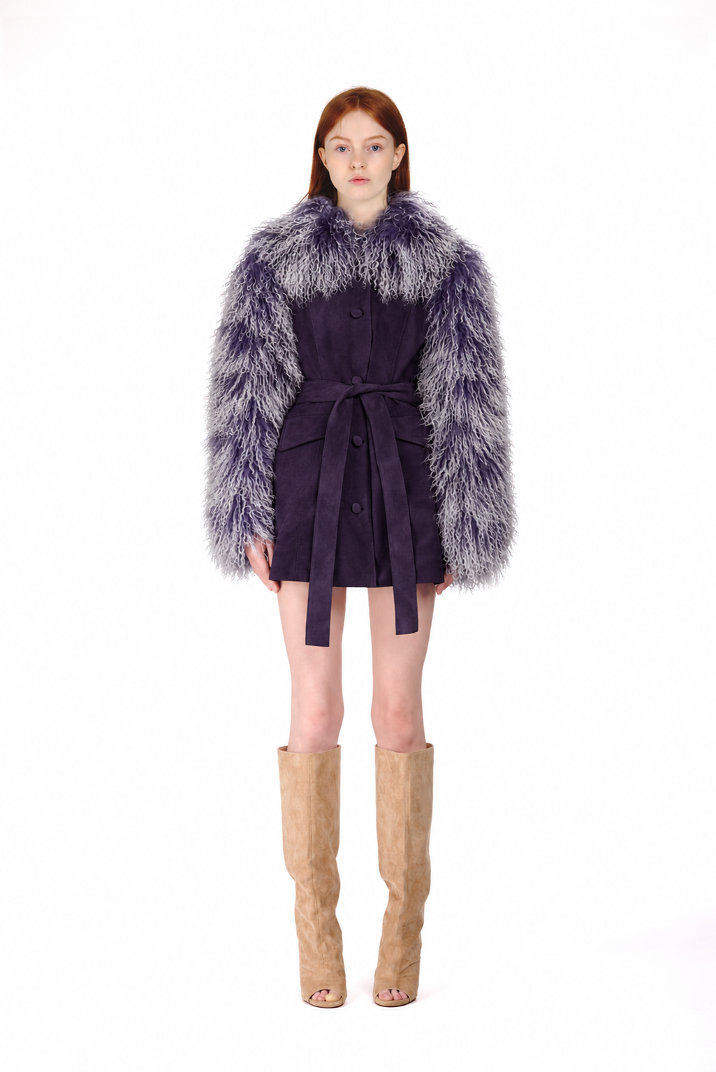 Suede Tailored Coat with Frosted Mongolian Fur Sleeves and Collar