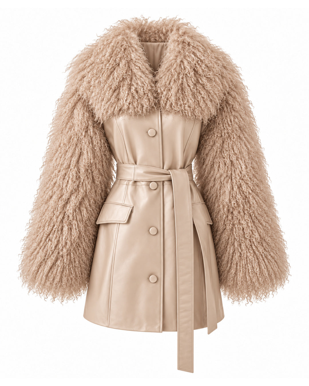 Leather Tailored Coat with Mongolian Fur Sleeves and Collar