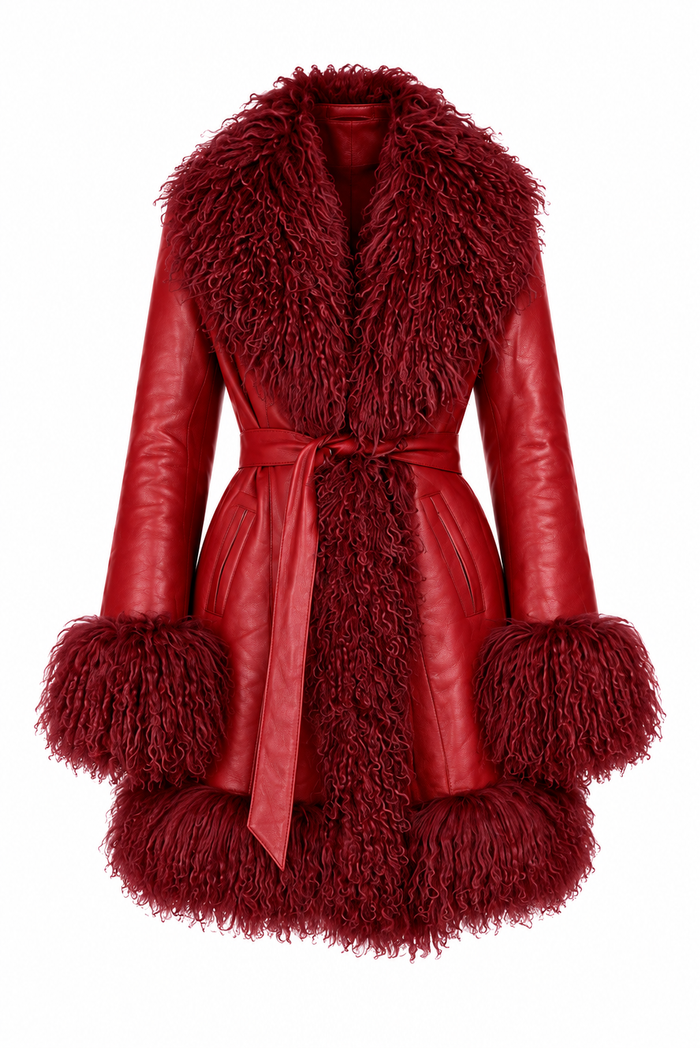 Leather Penny Lane Coat with Mongolian Fur Sleeves and Collar