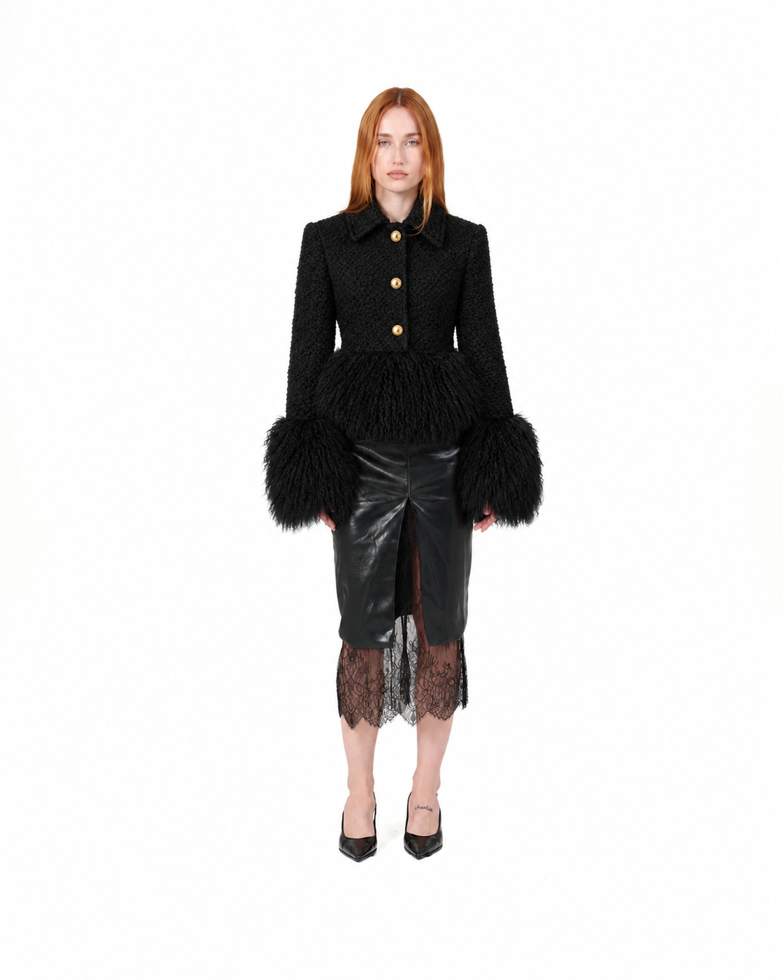 Tailored Wool Coat with Mongolian Fur Trim- Black