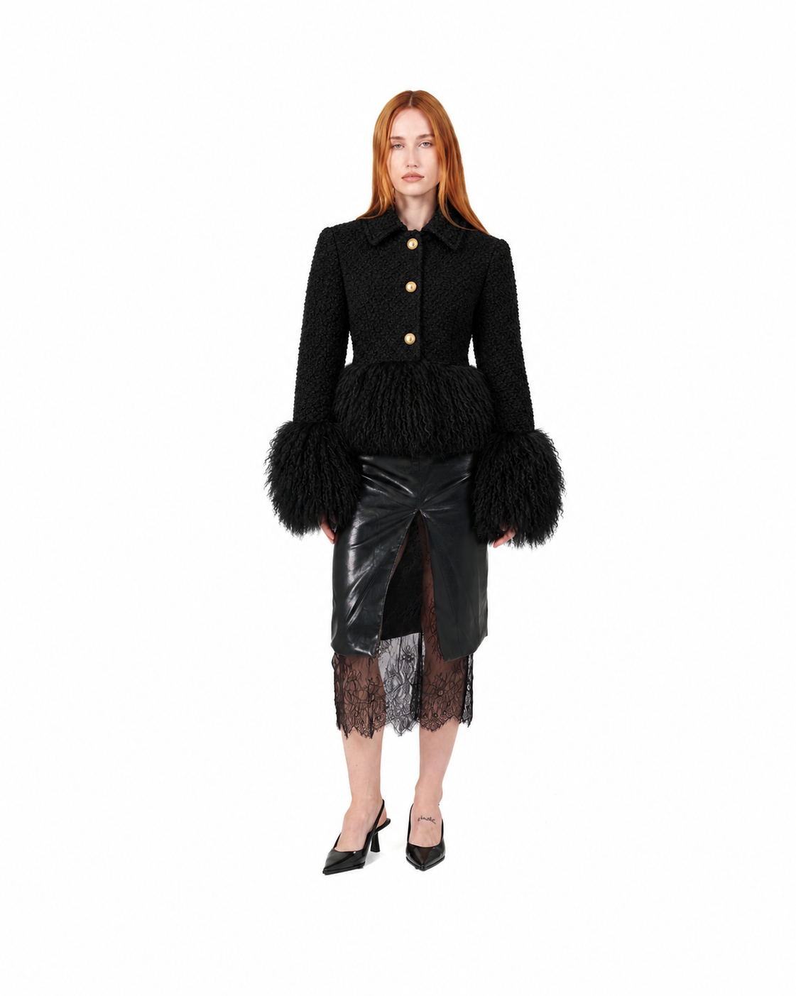 Tailored Wool Coat with Mongolian Fur Trim- Black