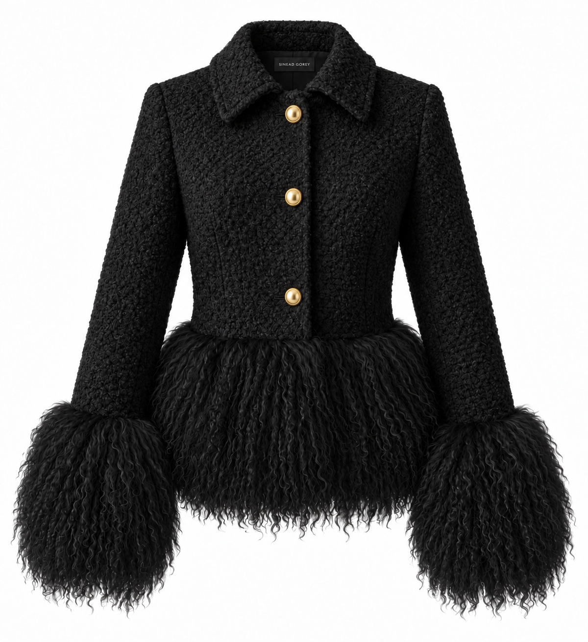 Tailored Wool Coat with Mongolian Fur Trim- Black