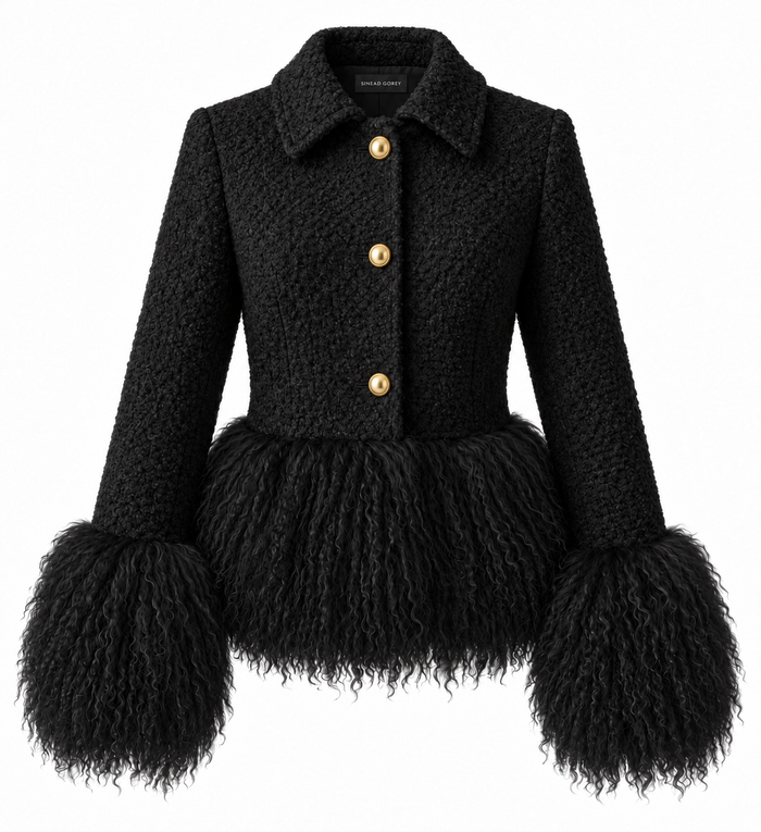 Tailored Wool Coat with Mongolian Fur Trim- Black