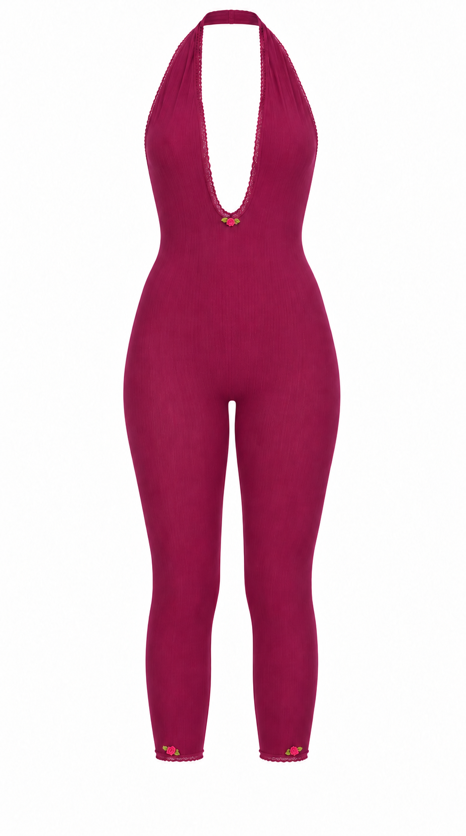 “English Rose” Halter-Neck Capri Jumpsuit in Fuschia with Tricot Trim