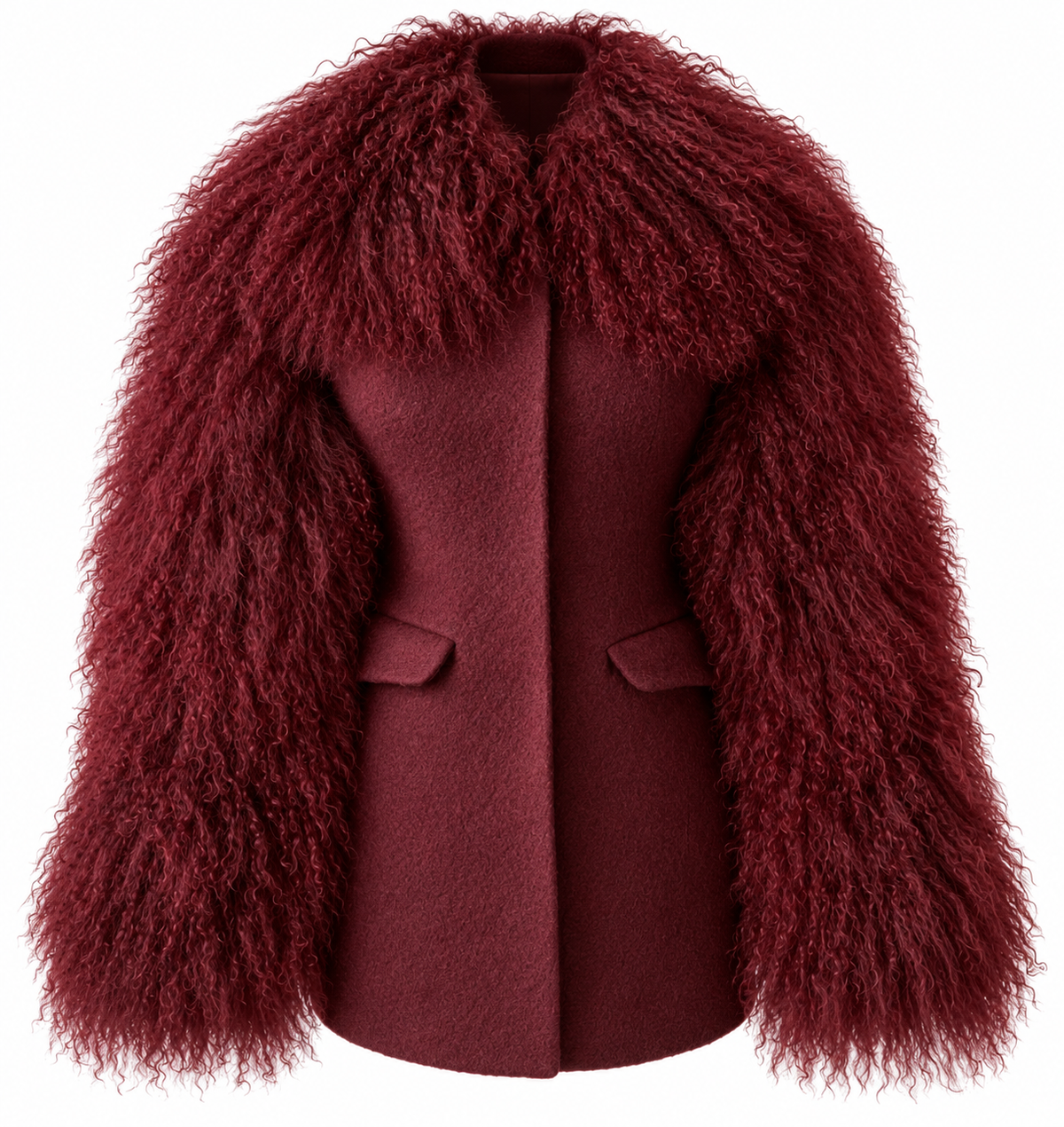 Wool Tailored Coat with Mongolian Fur Sleeves and Collar