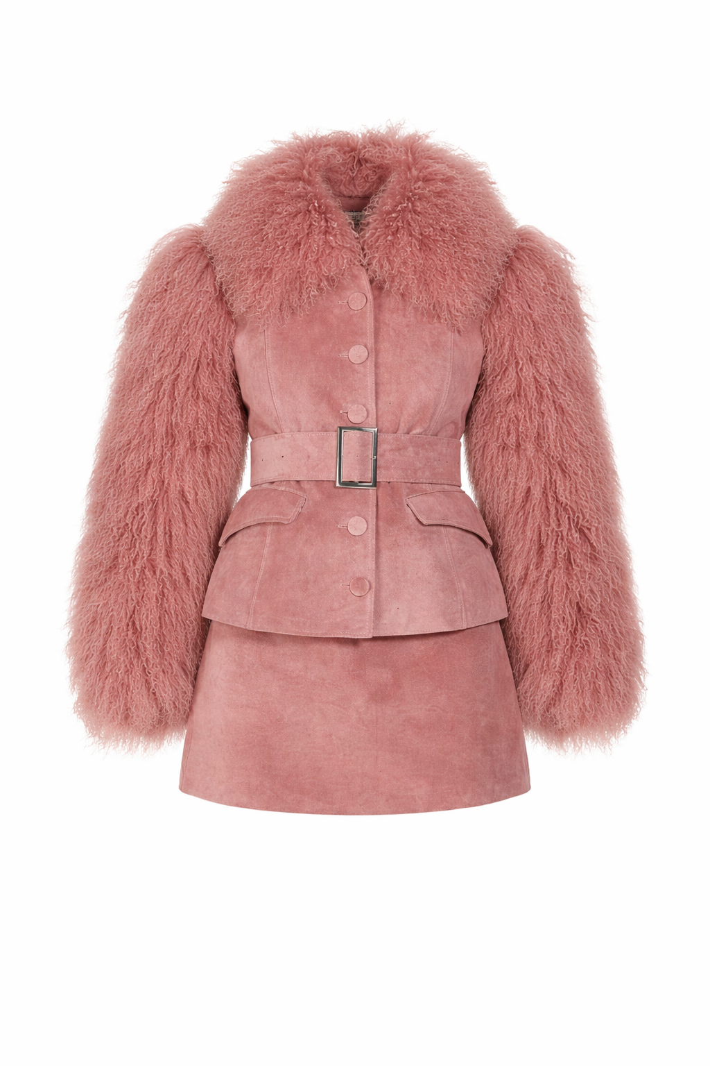 Suede Coat with Mongolian Fur Sleeves and Collar
