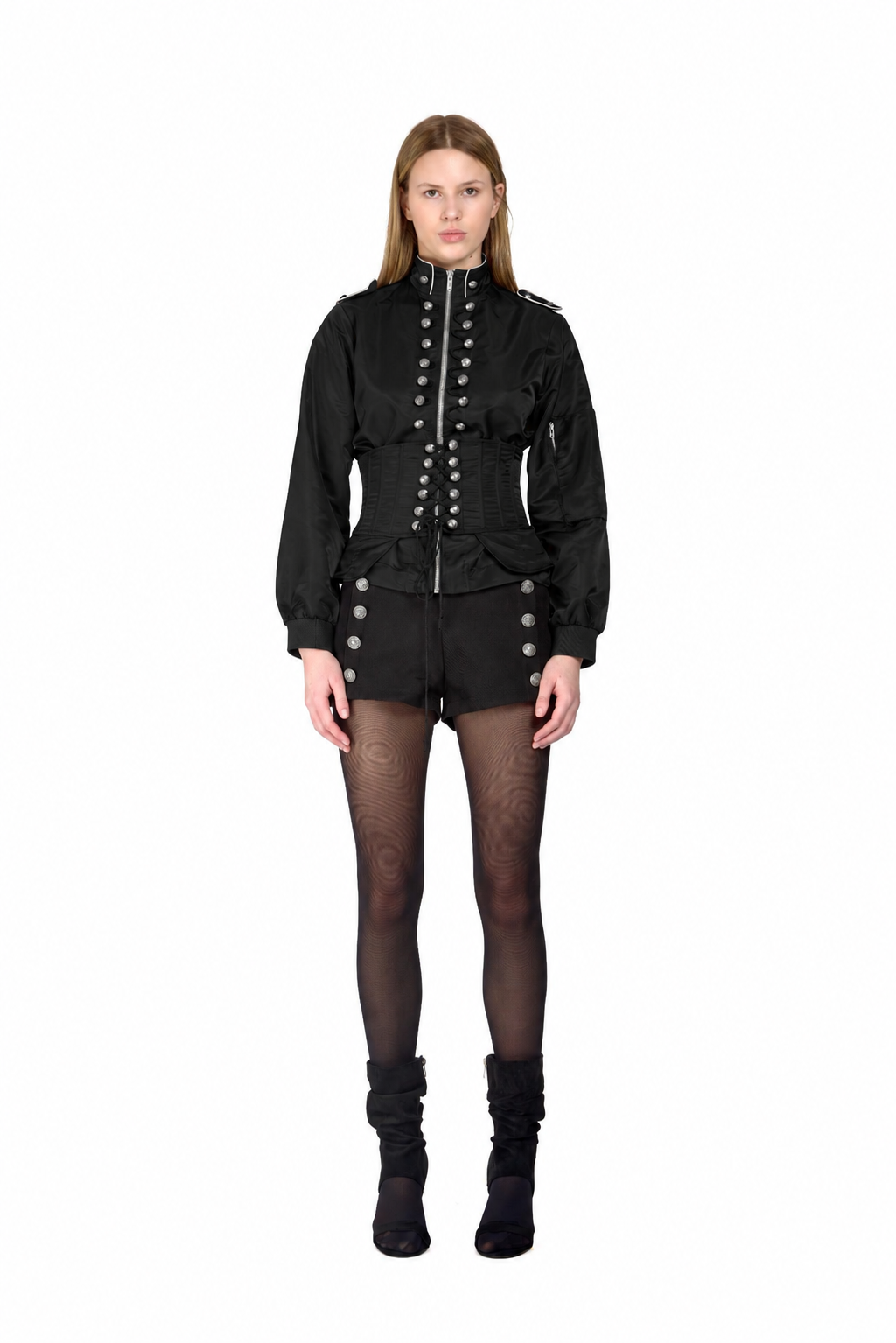 Military Nylon Corset Bomber Jacket- Black
