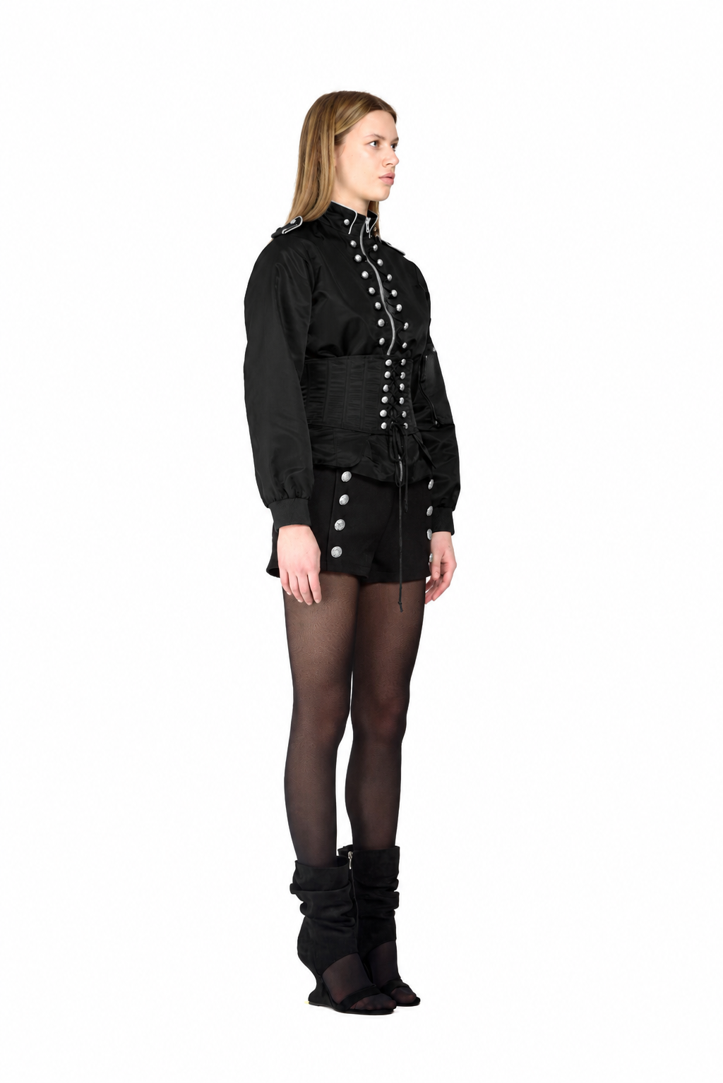 Military Nylon Corset Bomber Jacket- Black
