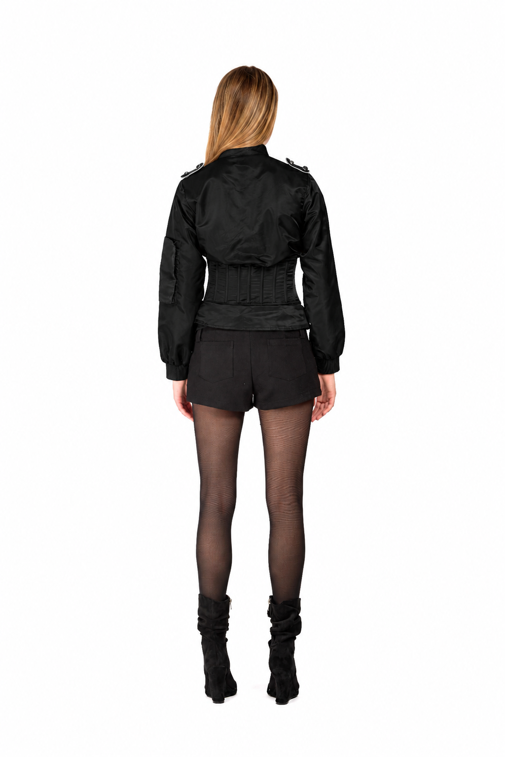 Military Nylon Corset Bomber Jacket- Black