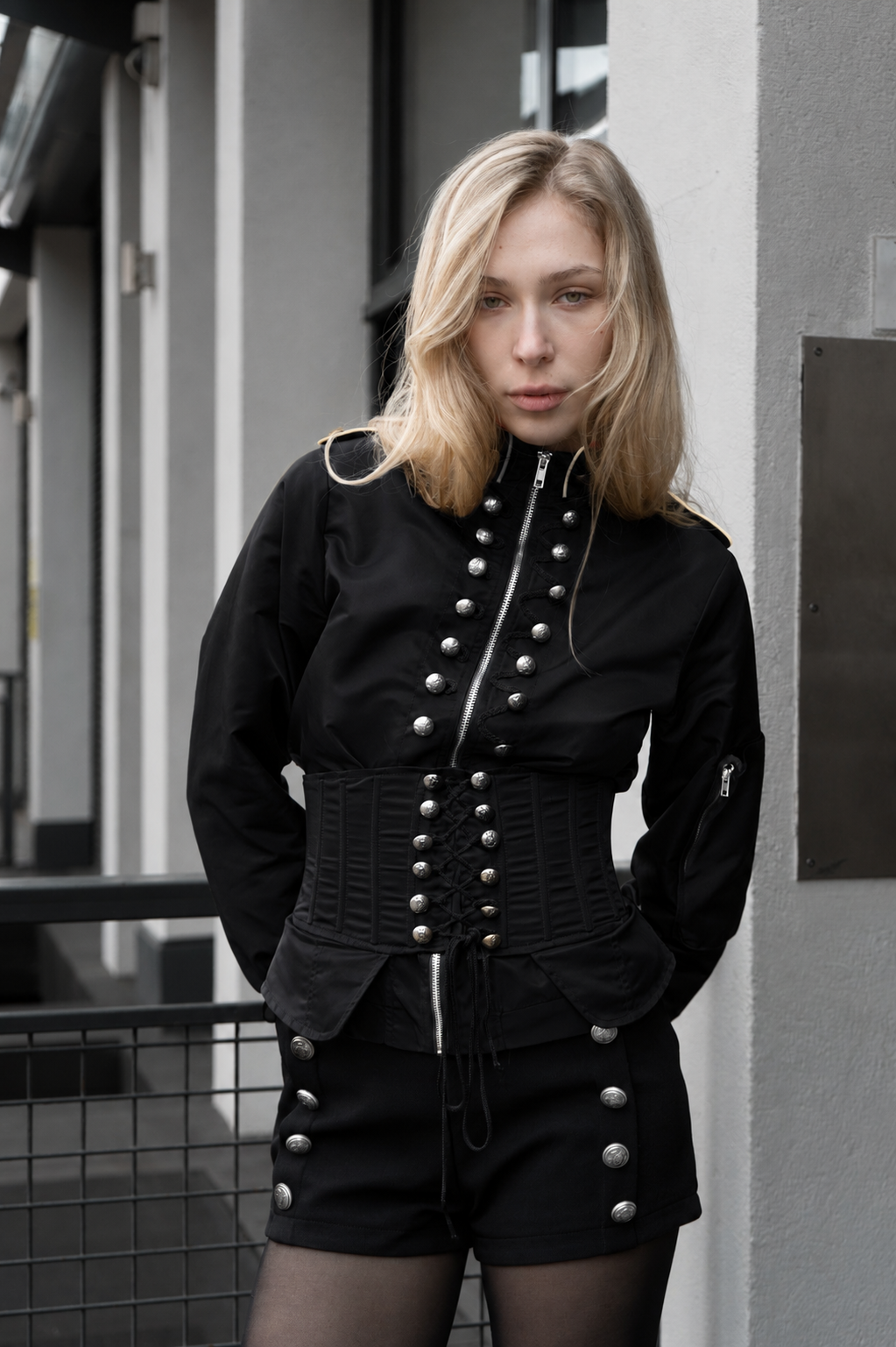 Military Nylon Corset Bomber Jacket- Black