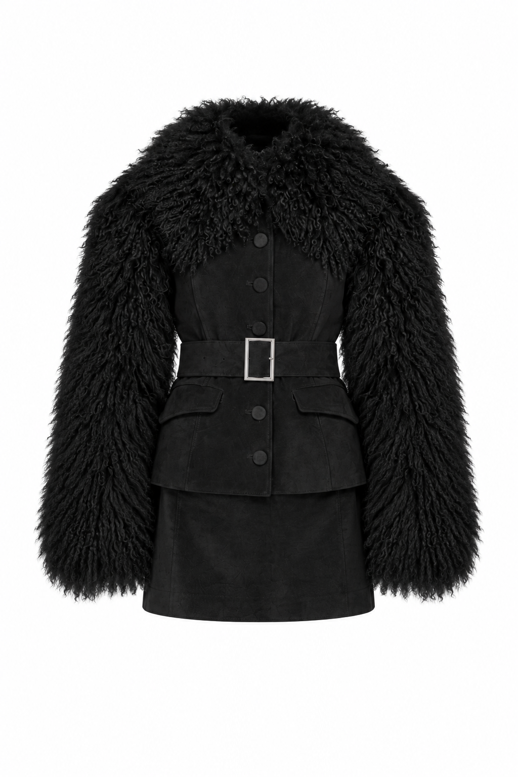 Suede Coat with Mongolian Fur Sleeves and Collar- Black
