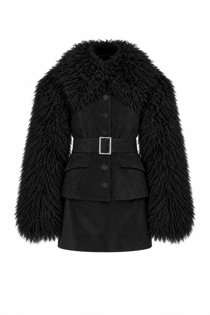 Suede Coat with Mongolian Fur Sleeves and Collar- Black