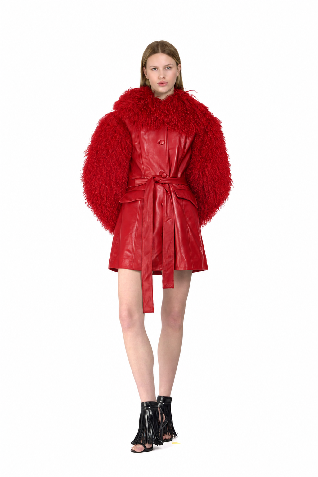 Leather Tailored Coat with Mongolian Fur Sleeves and Collar