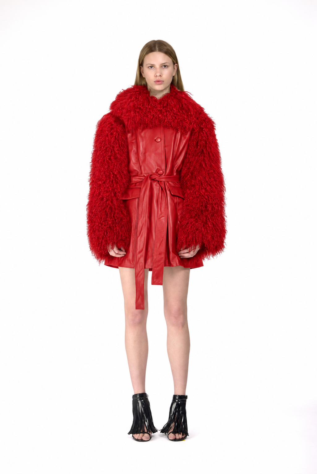 Leather Tailored Coat with Mongolian Fur Sleeves and Collar