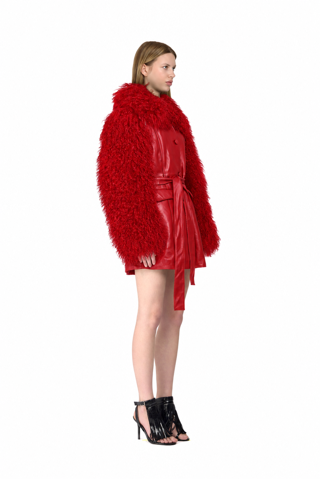 Leather Tailored Coat with Mongolian Fur Sleeves and Collar