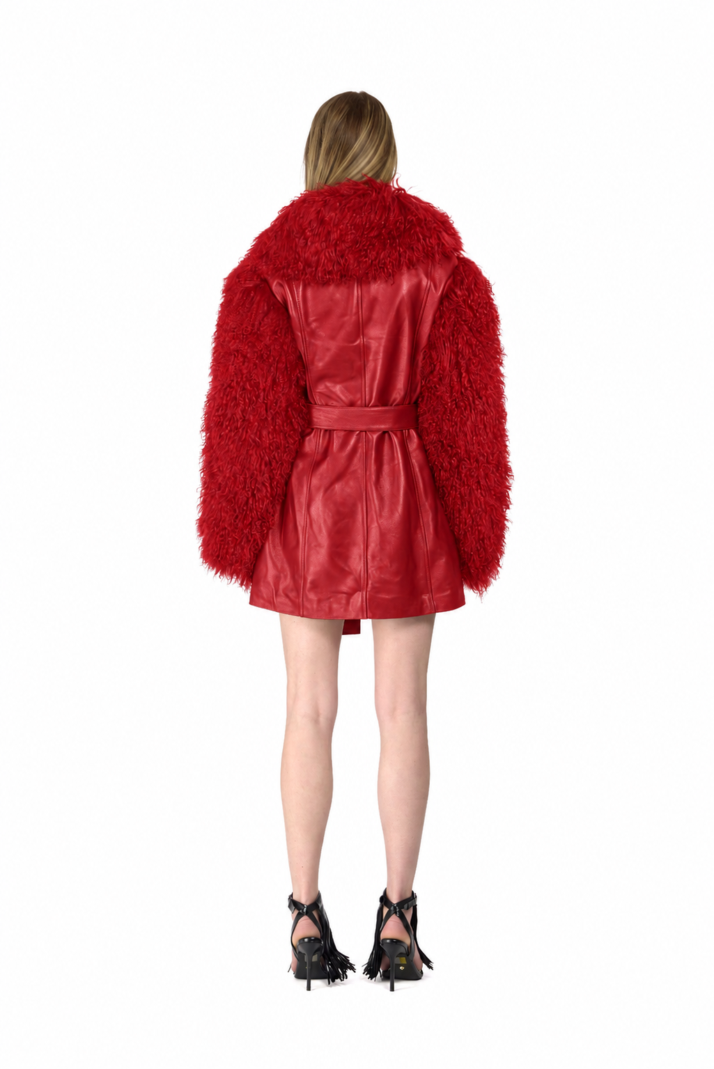 Leather Tailored Coat with Mongolian Fur Sleeves and Collar