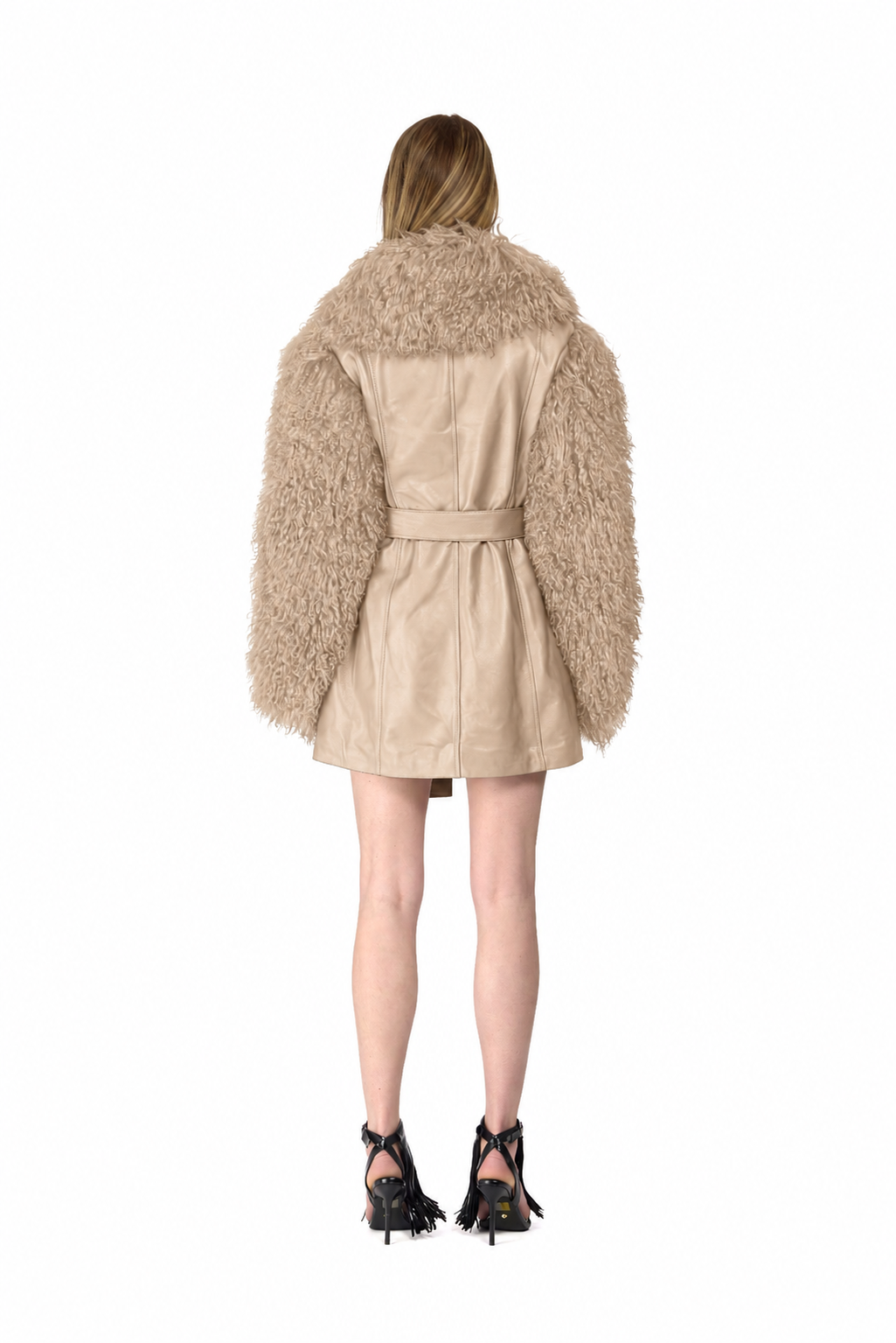 Leather Tailored Coat with Mongolian Fur Sleeves and Collar