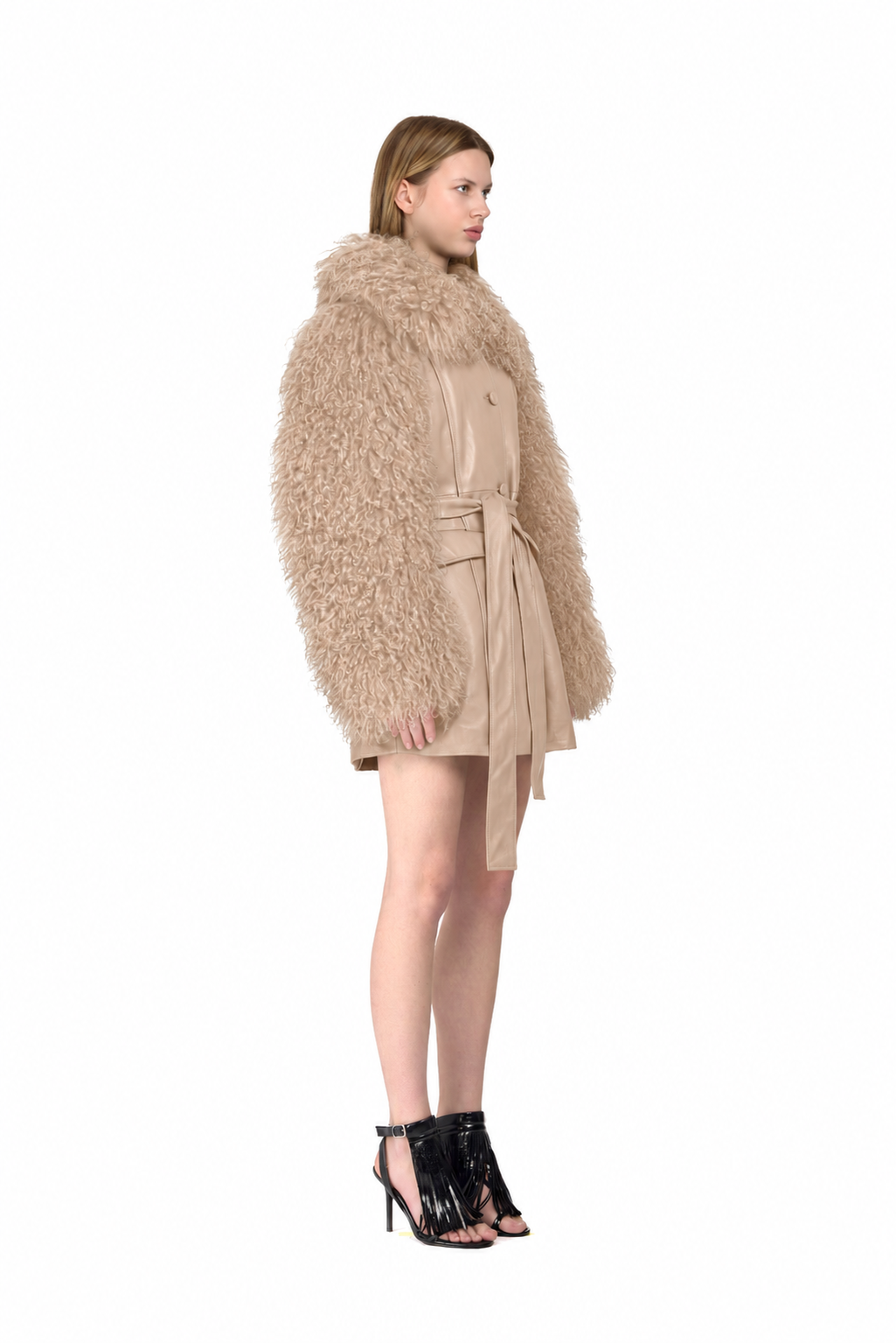 Leather Tailored Coat with Mongolian Fur Sleeves and Collar