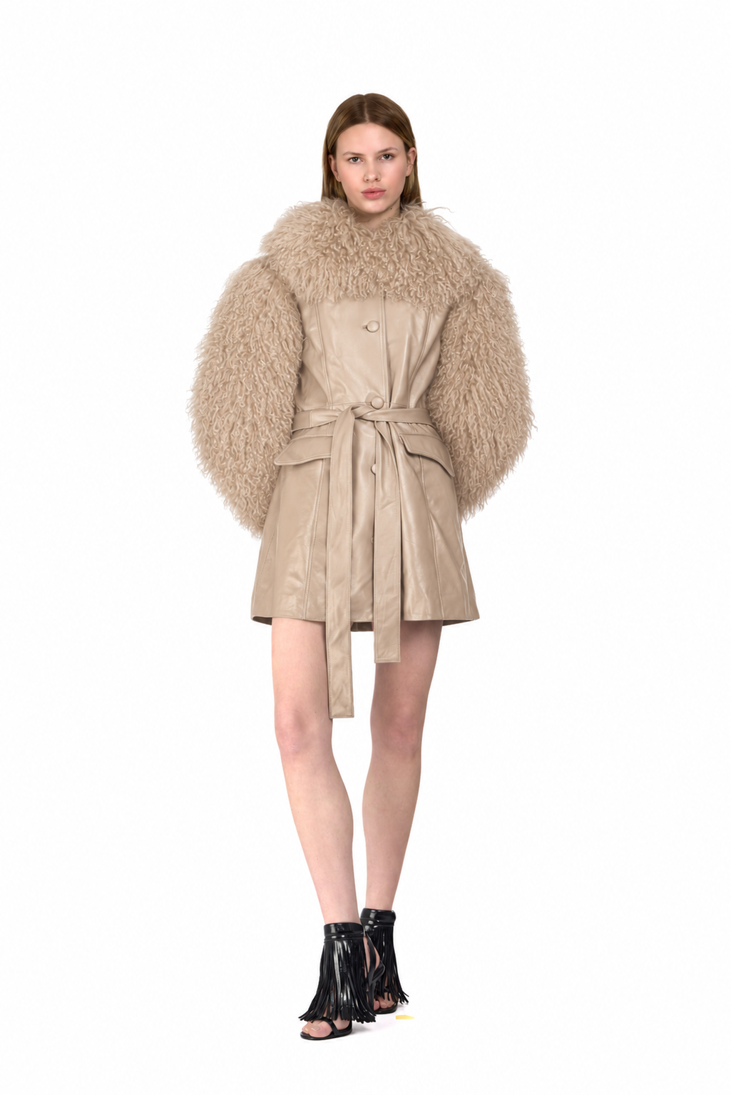 Leather Tailored Coat with Mongolian Fur Sleeves and Collar