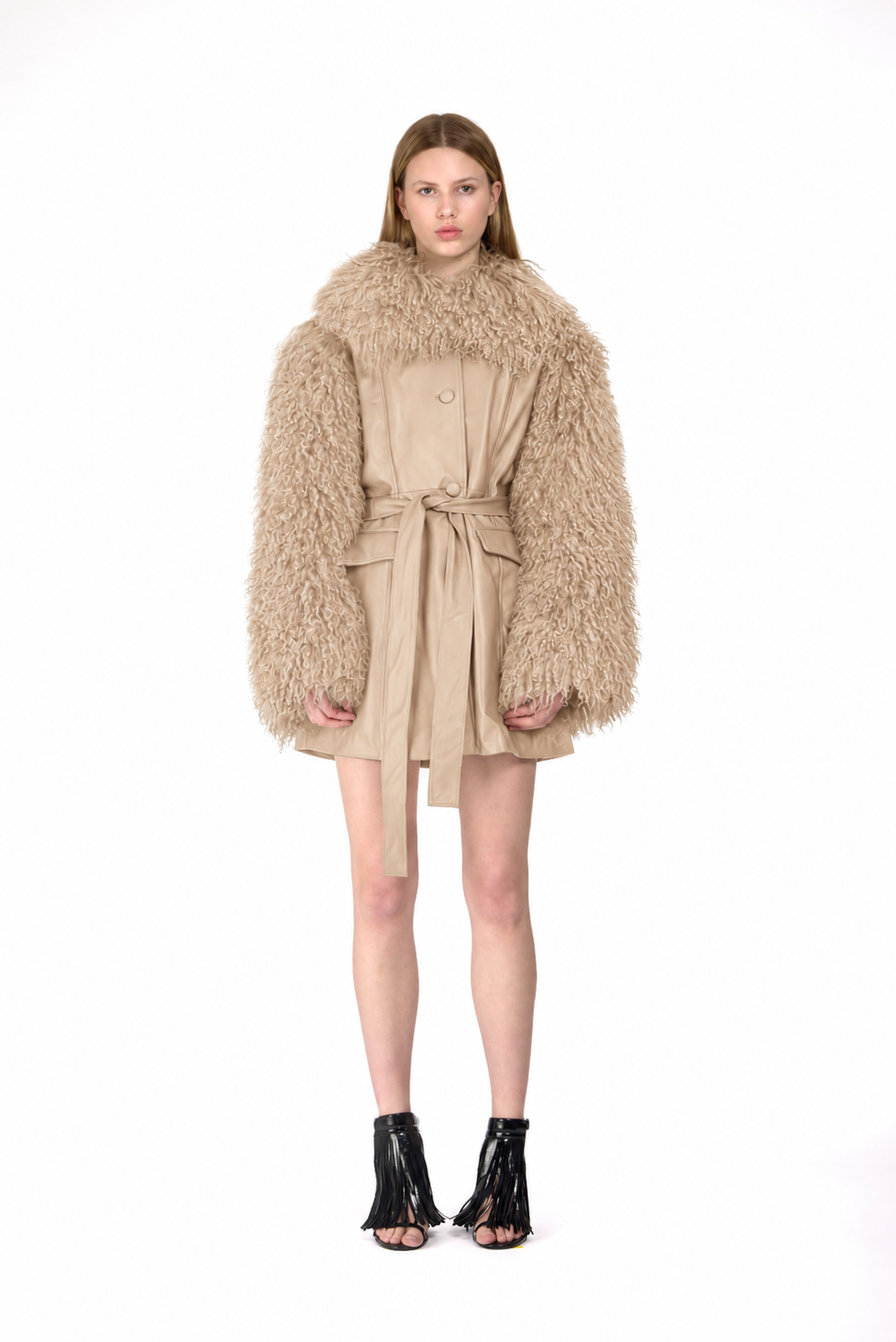 Leather Tailored Coat with Mongolian Fur Sleeves and Collar