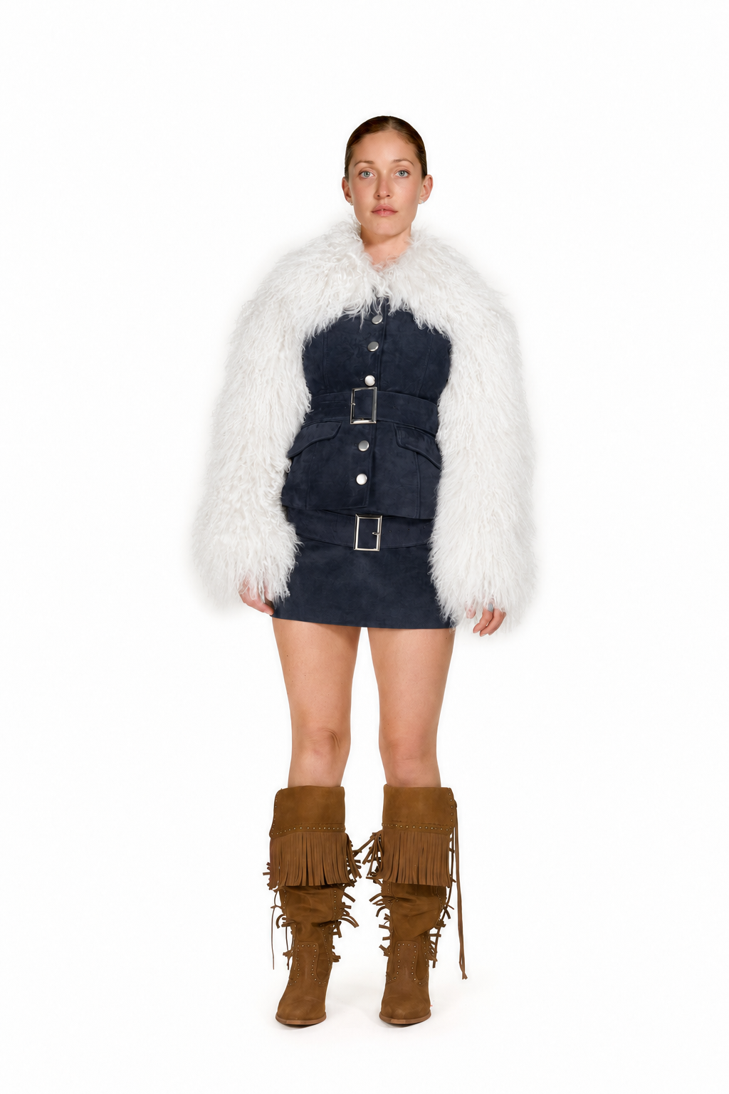 Leather Coat with Mongolian Fur Sleeves and Collar- Navy