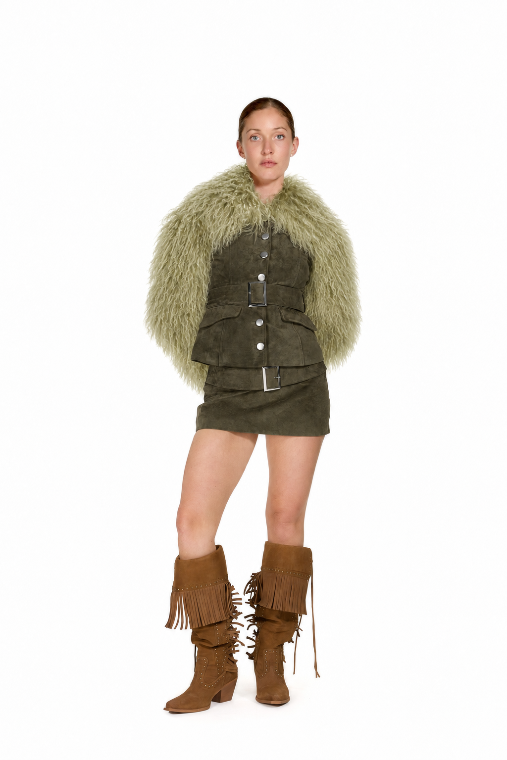 Leather Coat with Mongolian Fur Sleeves and Collar- Avocado, image 3 of 6