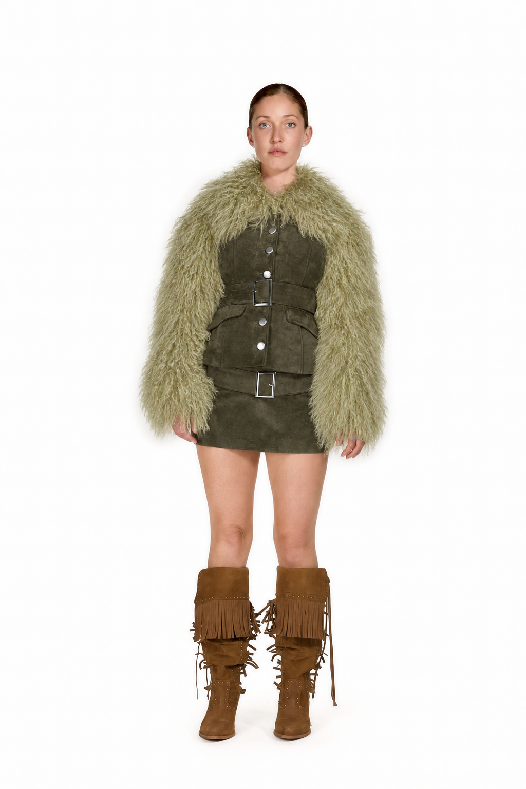 Leather Coat with Mongolian Fur Sleeves and Collar- Avocado, image 4 of 6