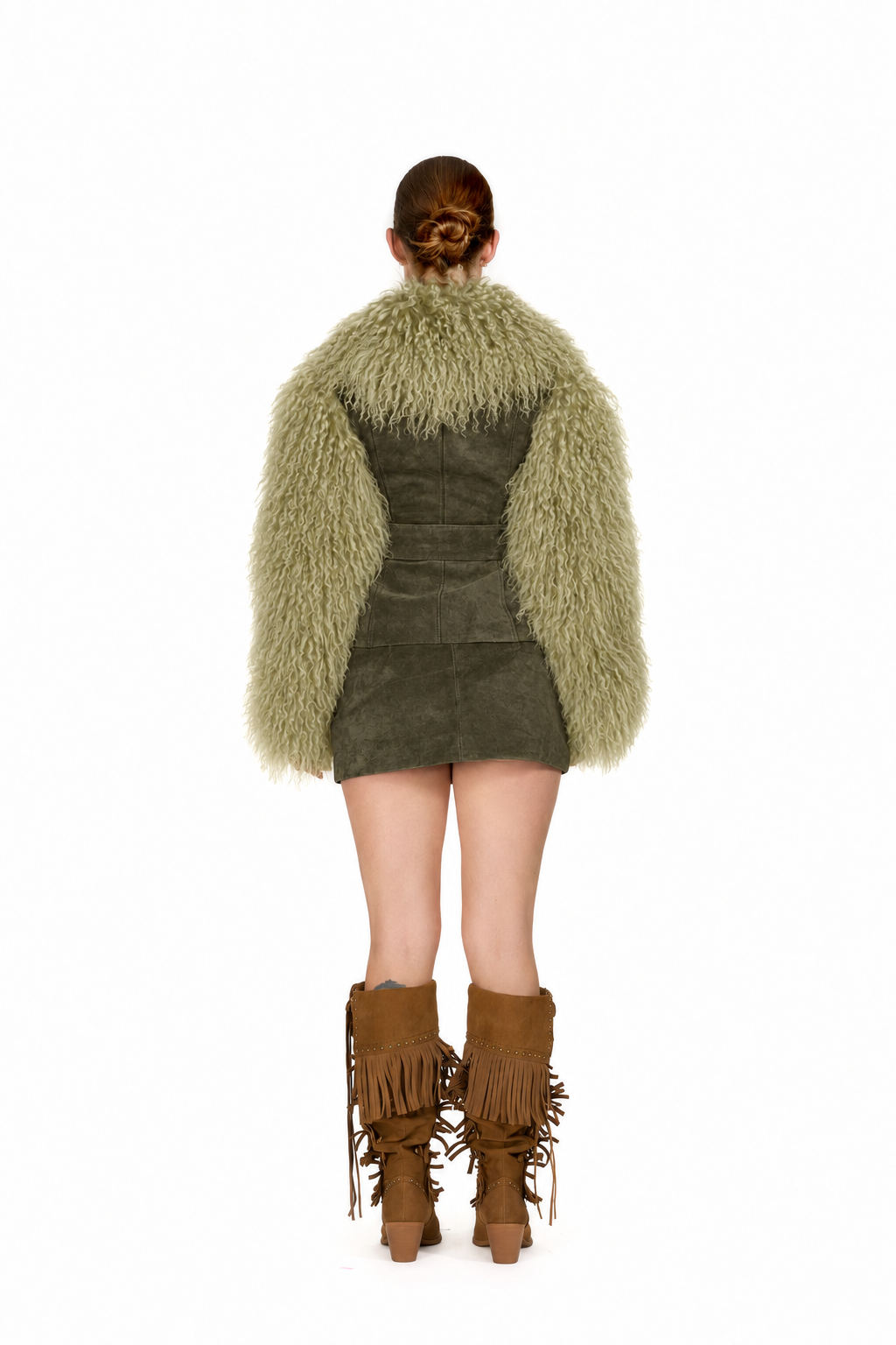 Leather Coat with Mongolian Fur Sleeves and Collar- Avocado