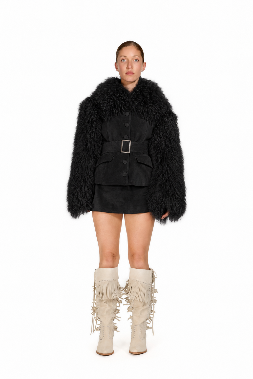 Suede Coat with Mongolian Fur Sleeves and Collar- Black, image 5 of 8