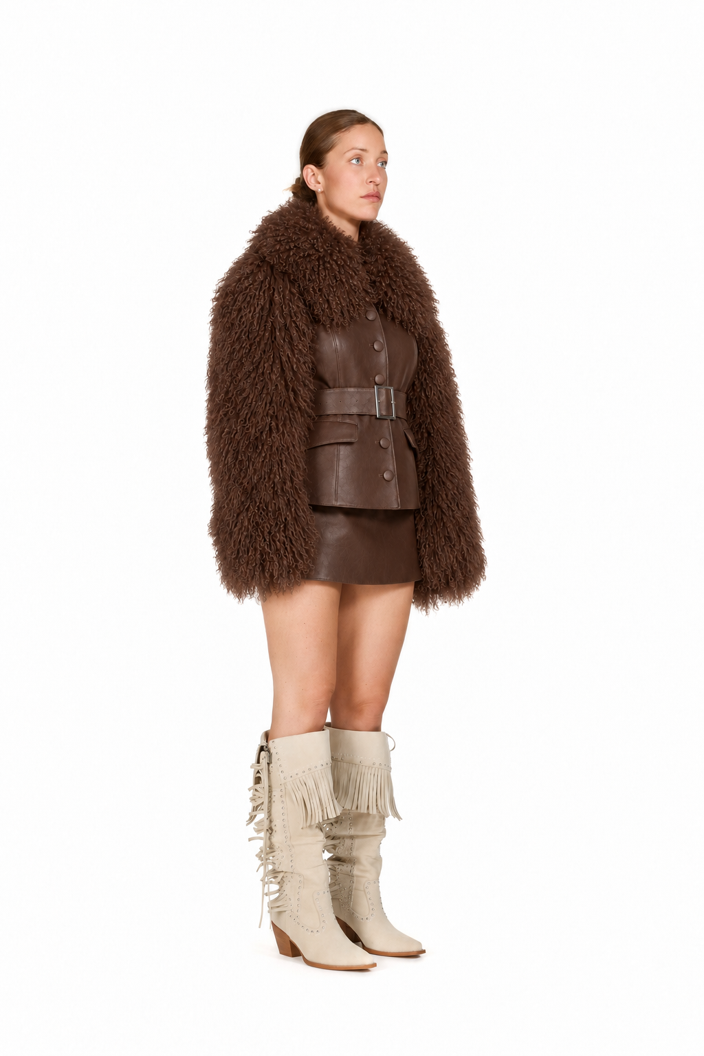 Leather Coat with Mongolian Fur Sleeves and Collar- Brown
