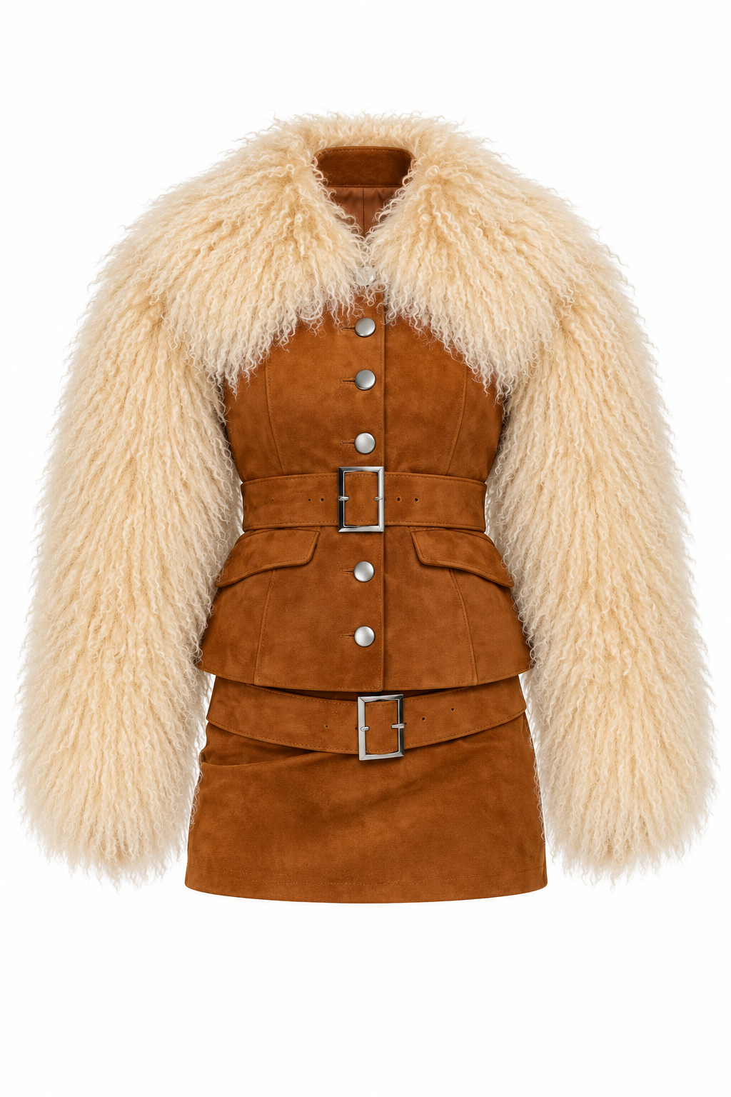 Suede Coat with Mongolian Fur Sleeves and Collar