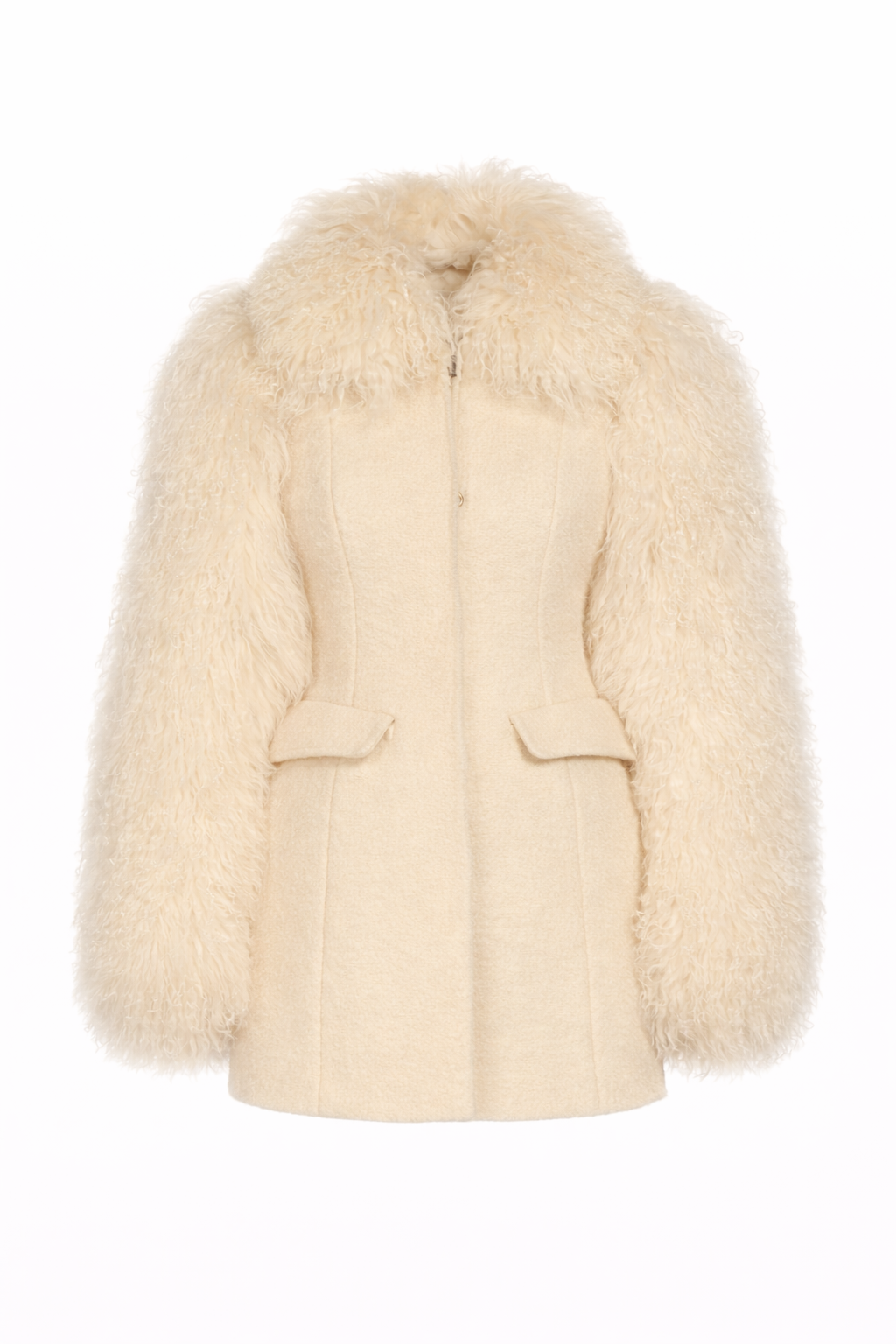Wool Tailored Coat with Mongolian Fur Sleeves and Collar