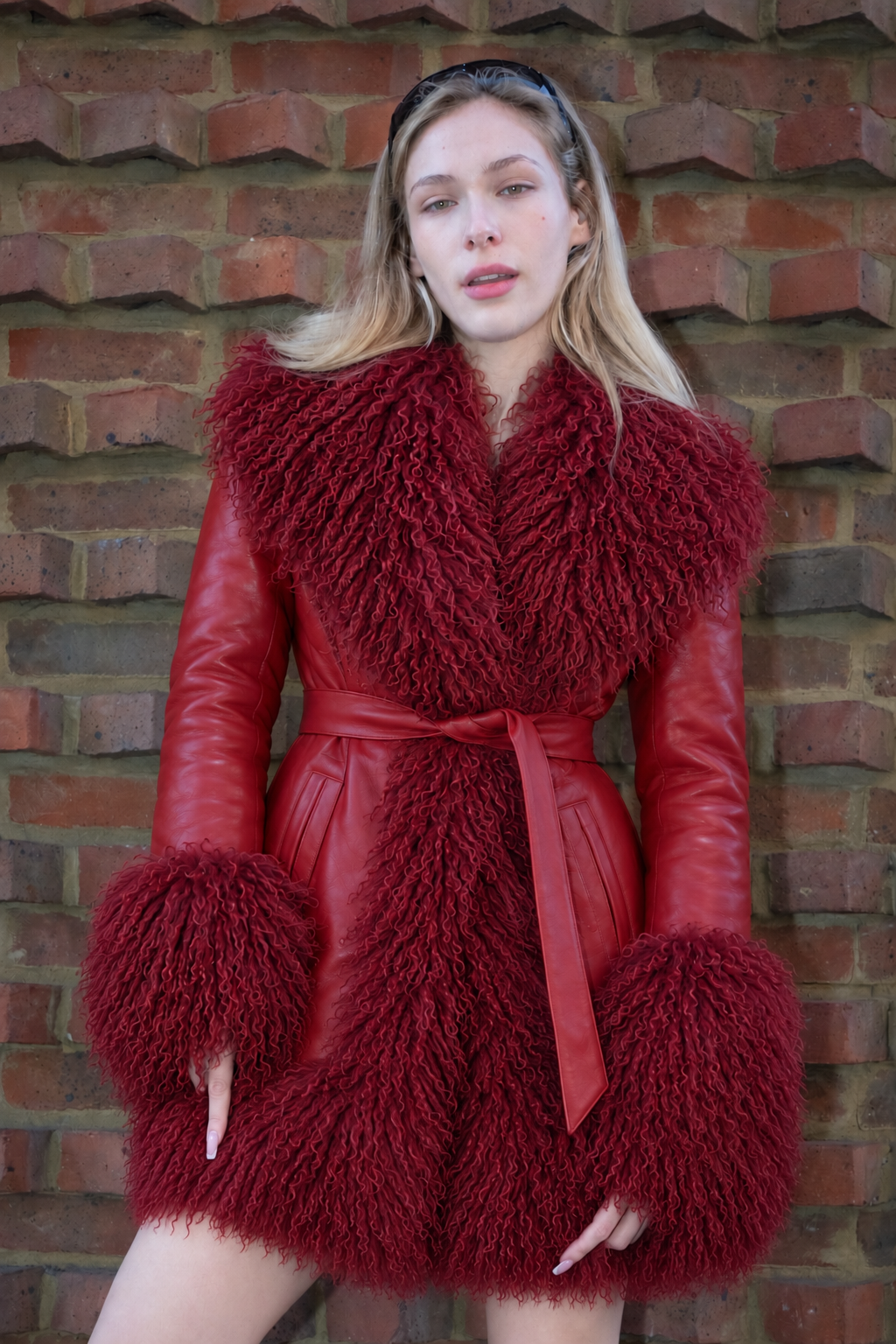 Leather Penny Lane Coat with Mongolian Fur Sleeves and Collar