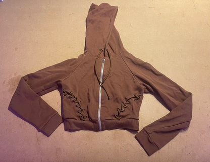 BROWN HOODIE WITH LACE UP DETAIL