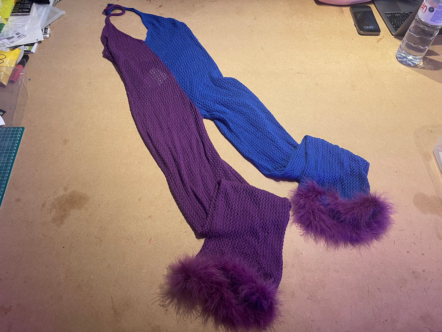 PURPLE AND BLUE HALTER-NECK JUMPSUIT WITH FEATHER TRIM