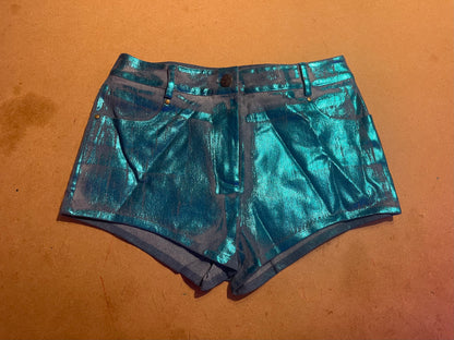 BLUE FOILED DENIM HOT-PANTS