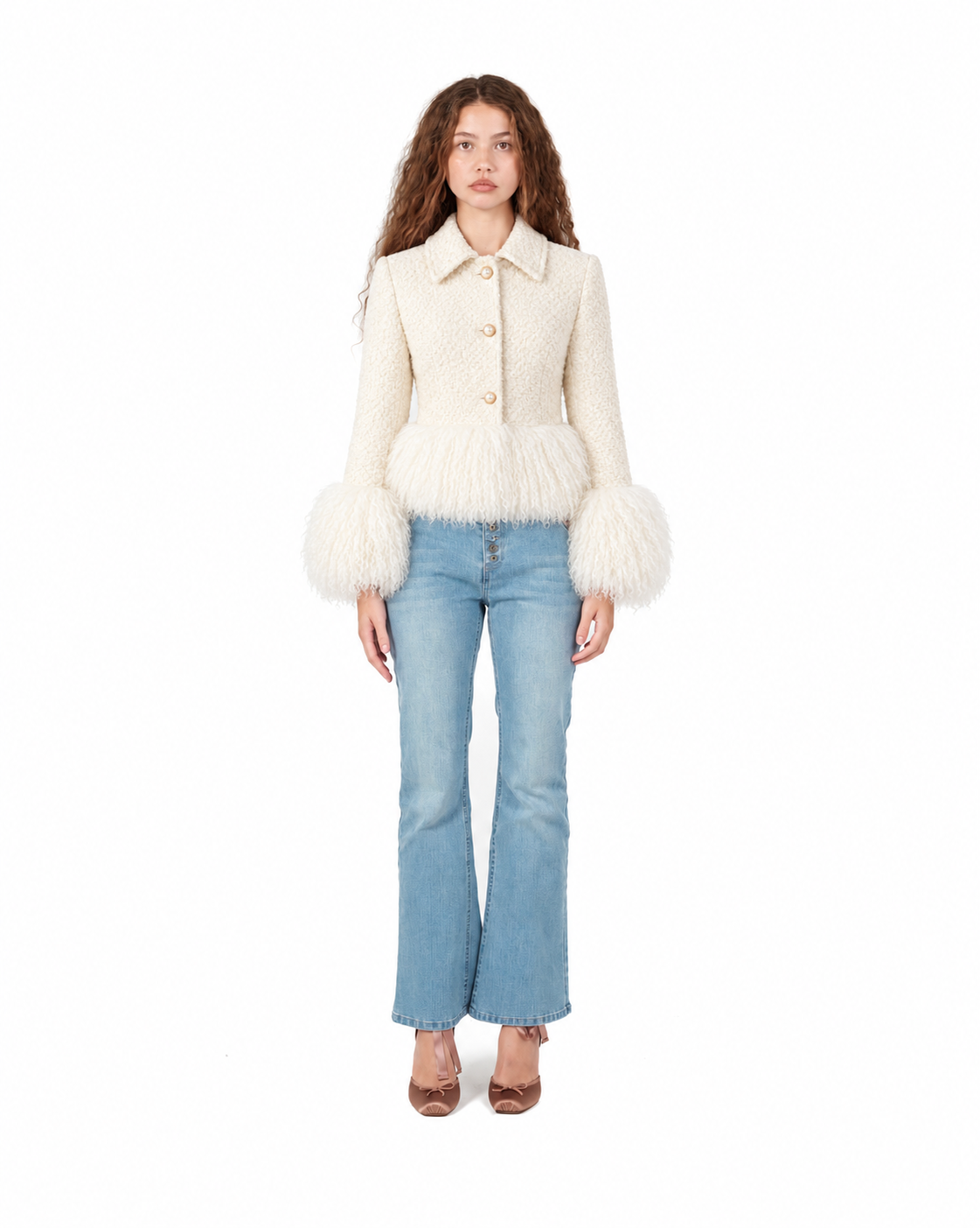 Tailored Wool Coat with Mongolian Fur Trim