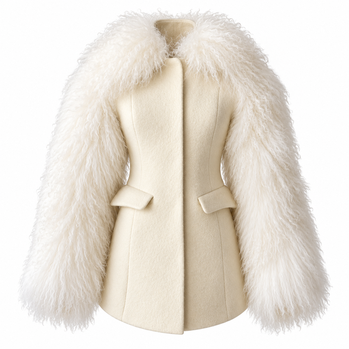 Wool Tailored Coat with Mongolian Fur Sleeves and Collar