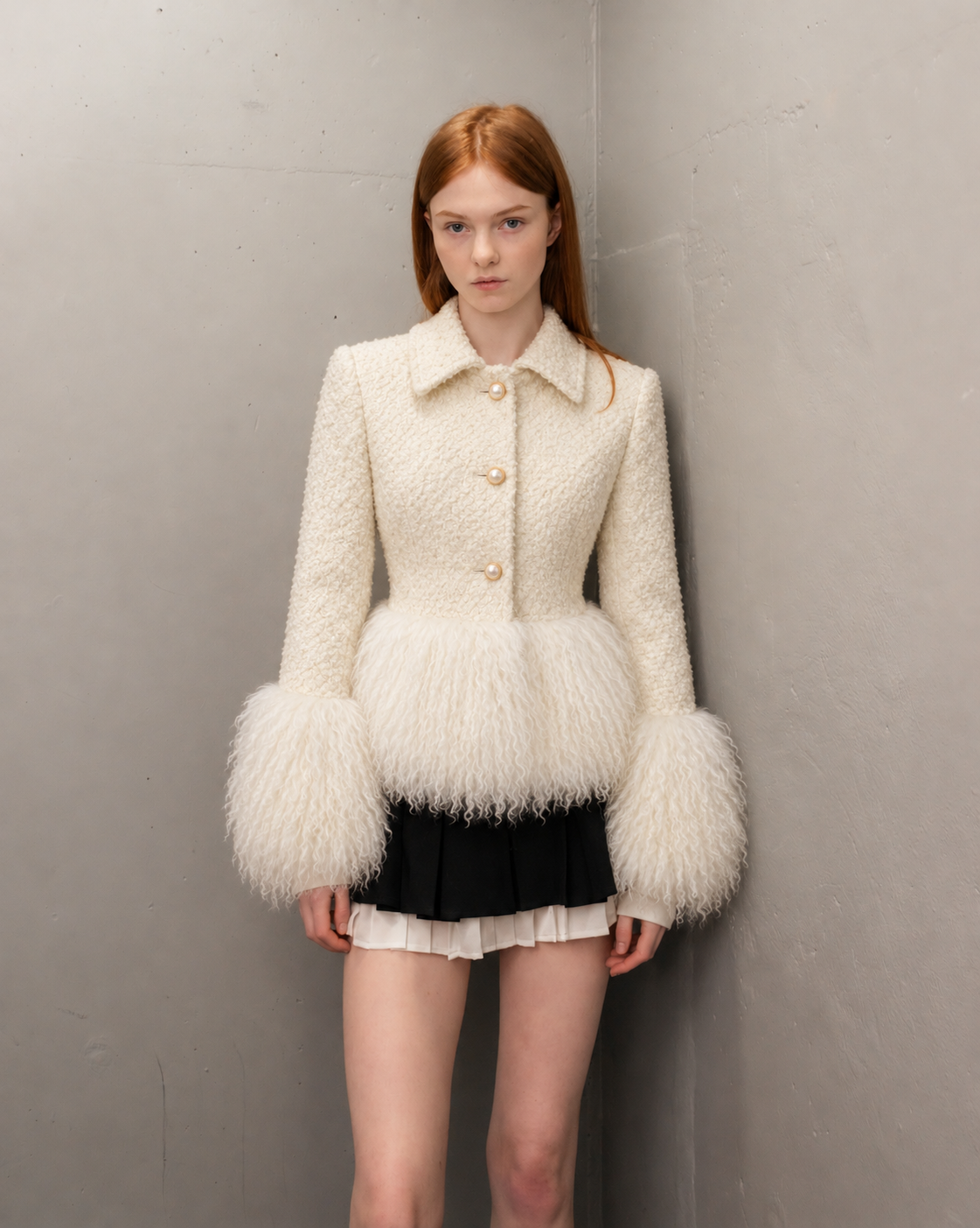 Tailored Wool Coat with Mongolian Fur Trim