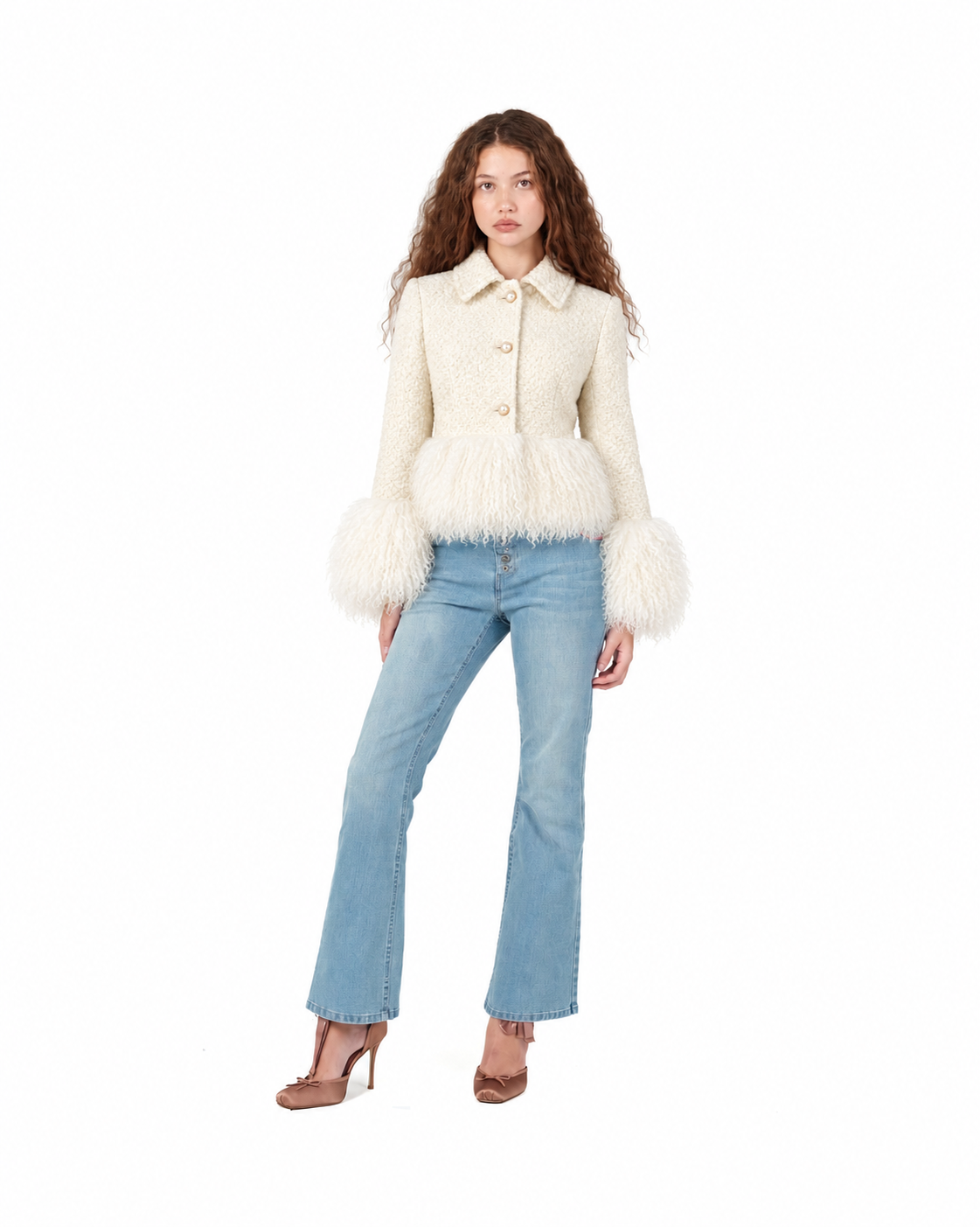 Tailored Wool Coat with Mongolian Fur Trim