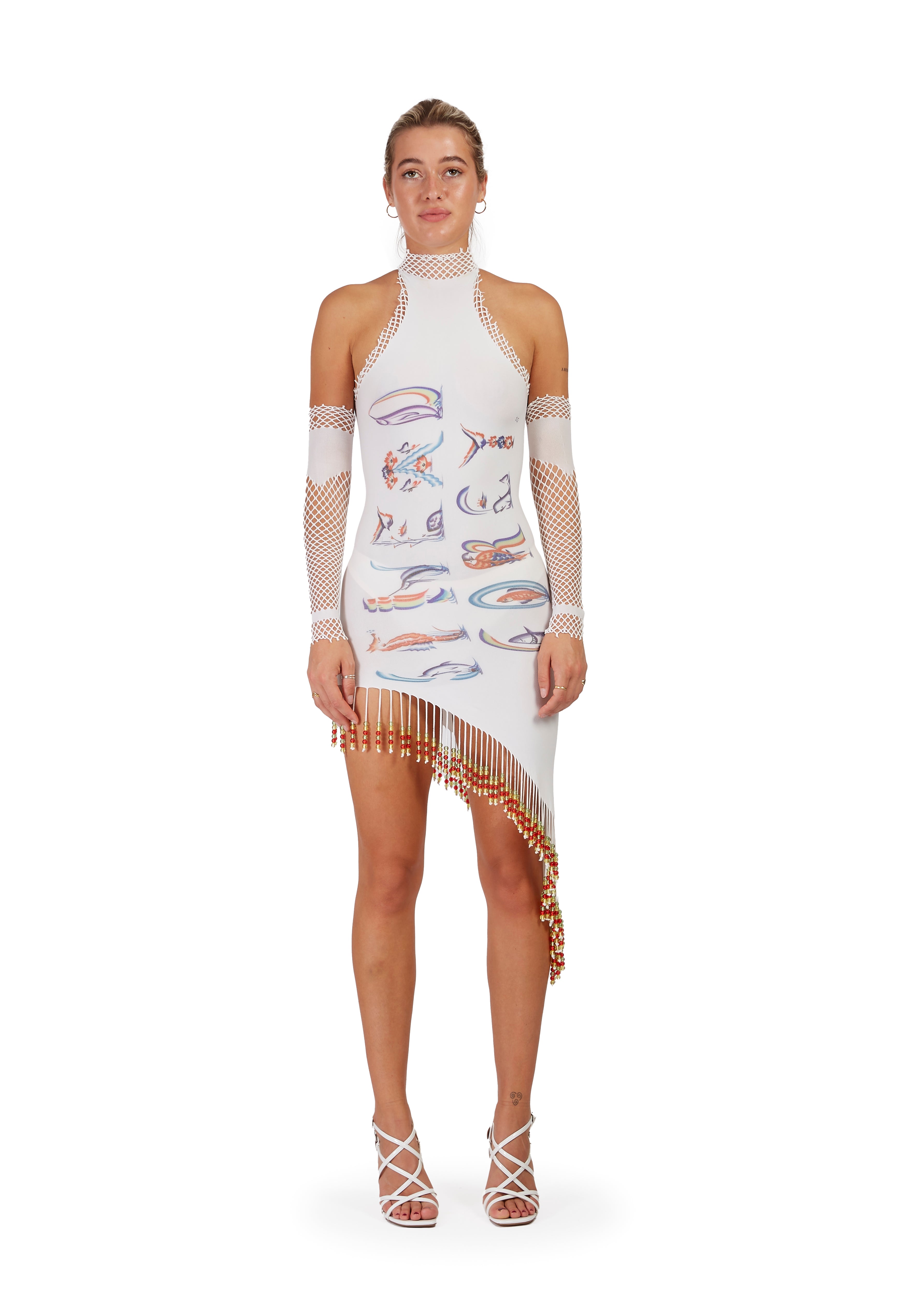 Hand-Beaded Fish Print Dress with Gloves