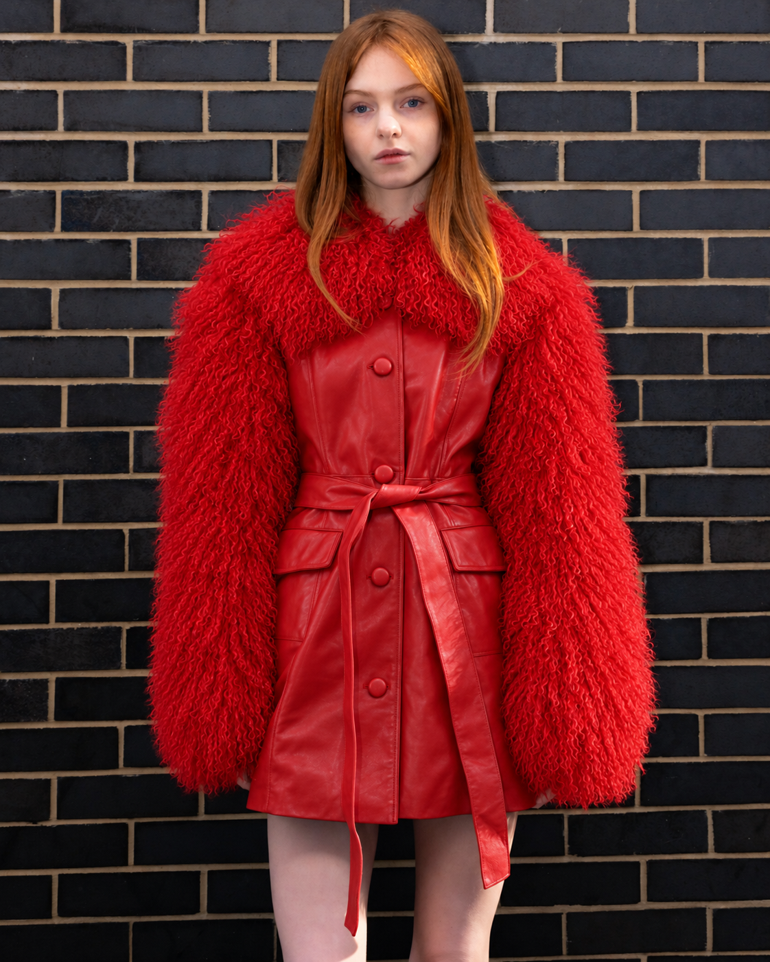 Leather Tailored Coat with Mongolian Fur Sleeves and Collar