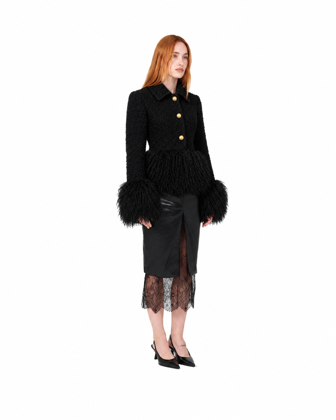 Tailored Wool Coat with Mongolian Fur Trim- Black