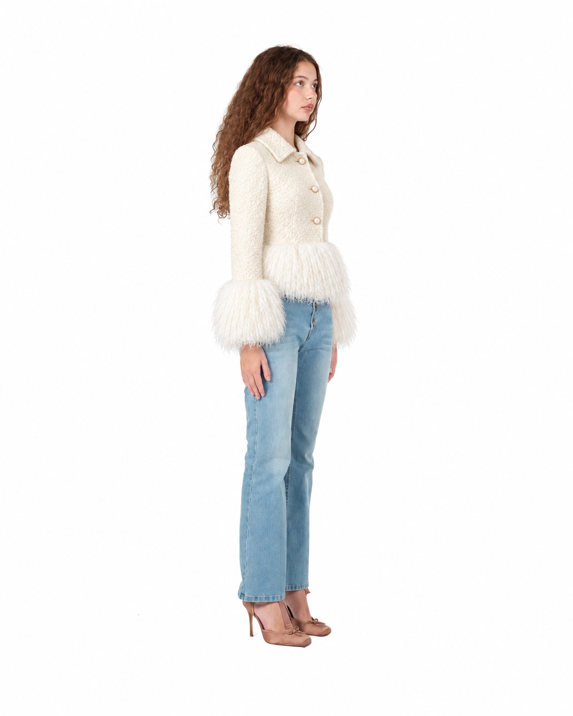 Tailored Wool Coat with Mongolian Fur Trim