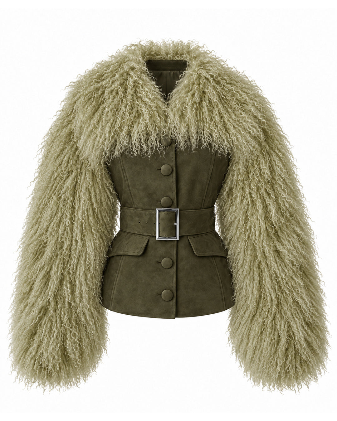 Leather Coat with Mongolian Fur Sleeves and Collar- Avocado, image 1 of 6